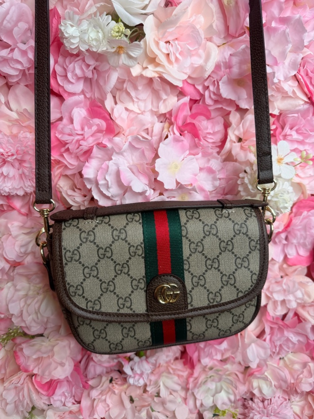 GG Canvas Crossbody with Green-Red Web and Brown Trim